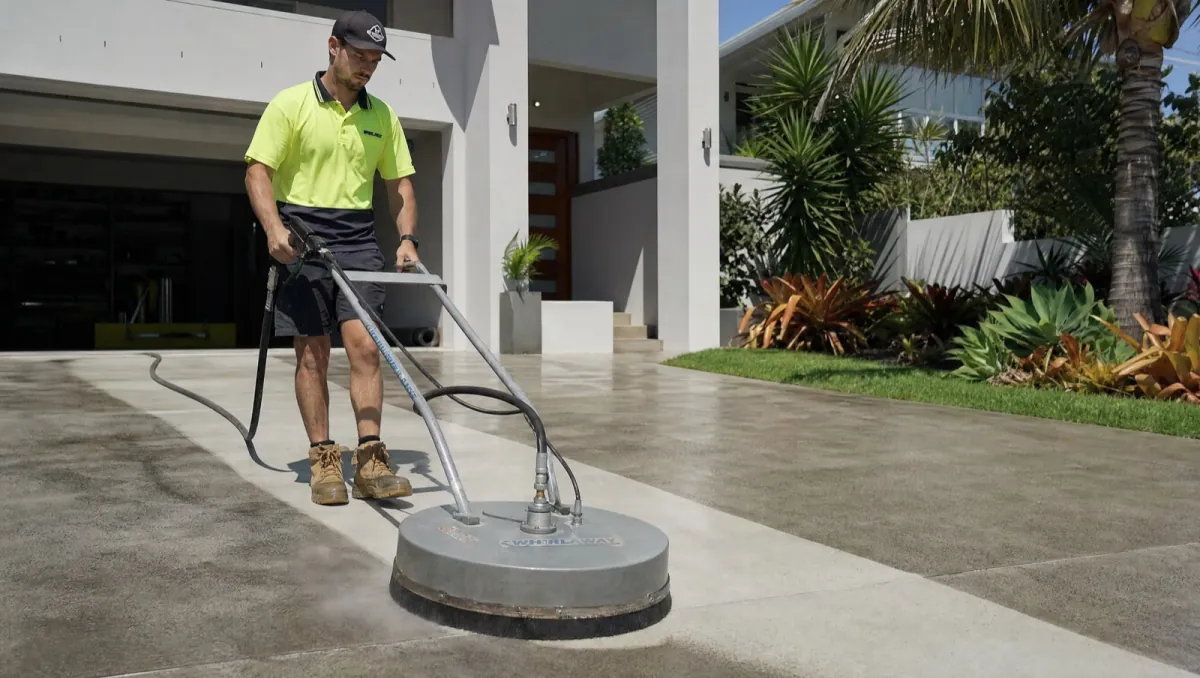 Pressure cleaning a concrete driveway in Byron Bay